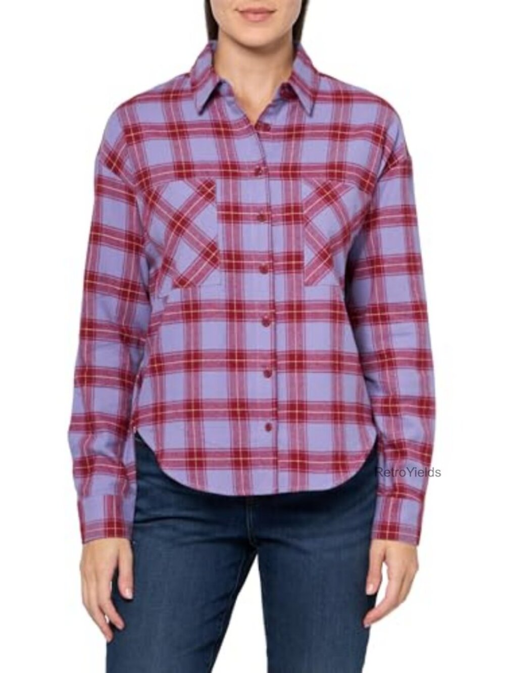 Plaid Button-Front Flannel Shirt Relaxed Drop Shoulder Casual